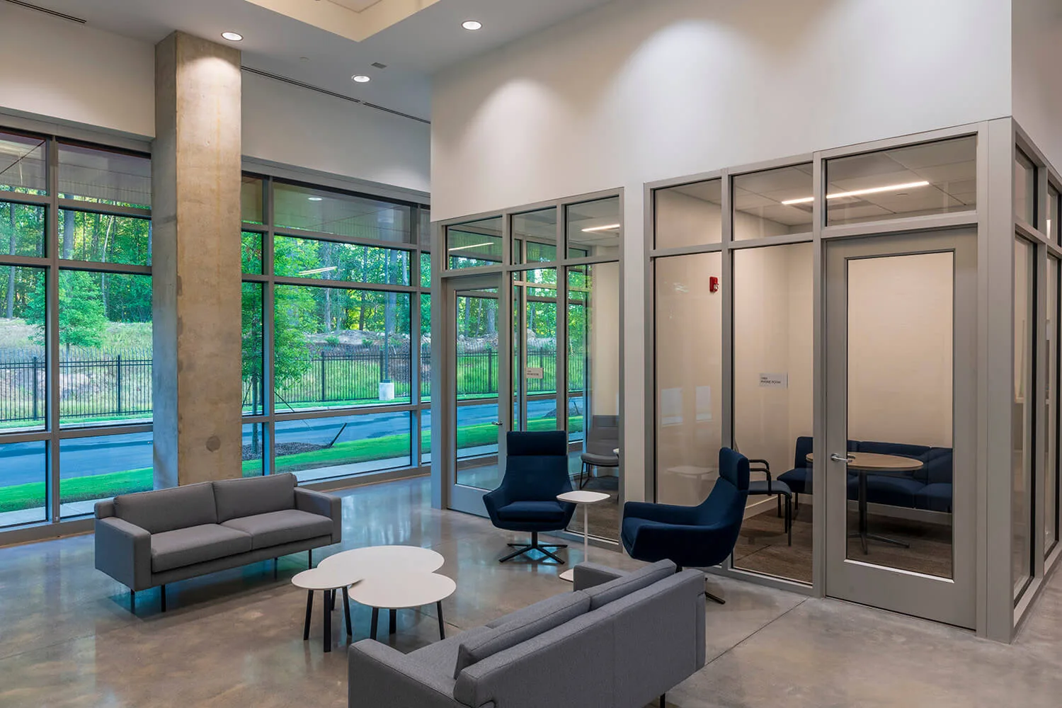 The modern office lounge, a testament to sleek commercial construction, features gray sofas, armchairs, and small tables. Glass-walled rooms are visible alongside large windows that frame a lush green outdoor area.